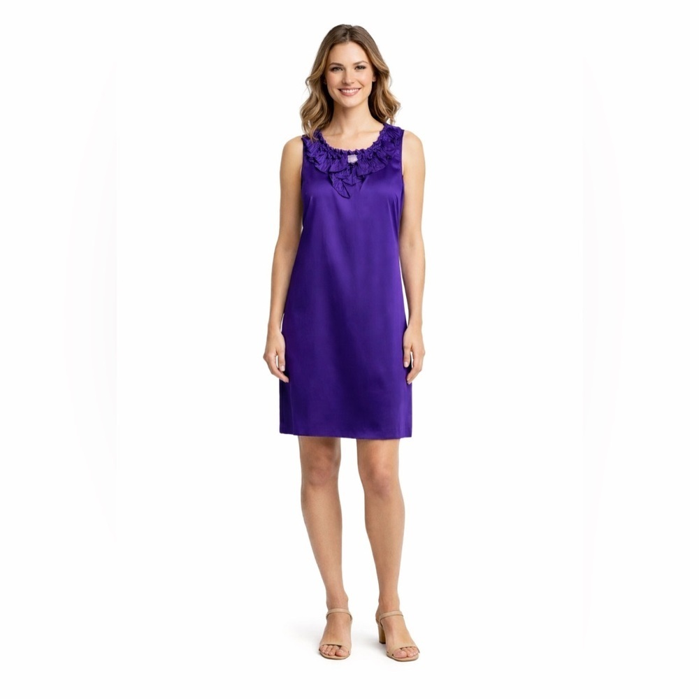 ECI Purple Ruffle Neck Shift Dress NWT Sleeveless Cocktail Career Size 12 silk